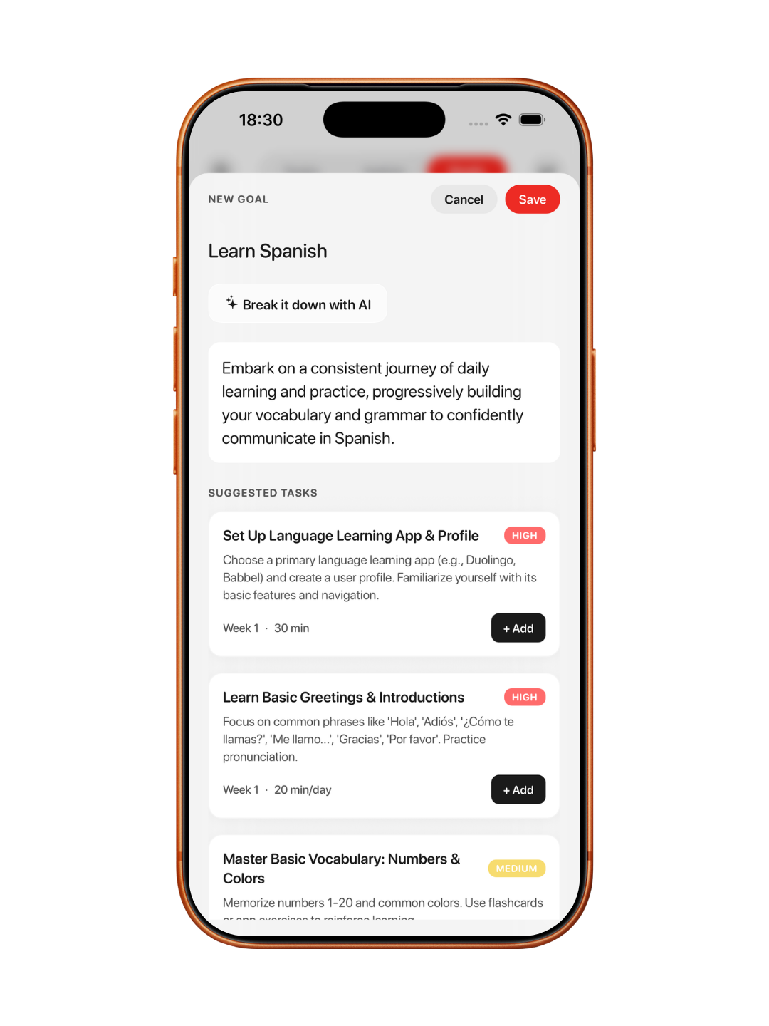 jusDO AI planning screen breaking a goal into suggested tasks
